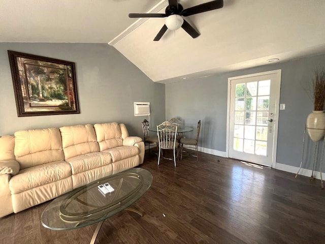 living room with dark hardwood / wood-style flooring, ceiling fan, and lofted ceiling