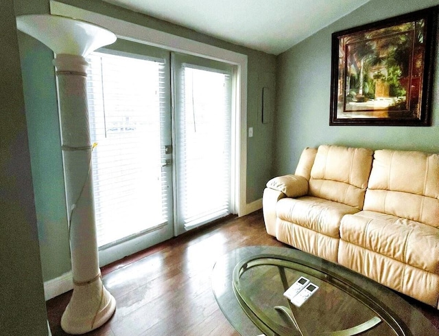 living room featuring hardwood / wood-style floors and vaulted ceiling