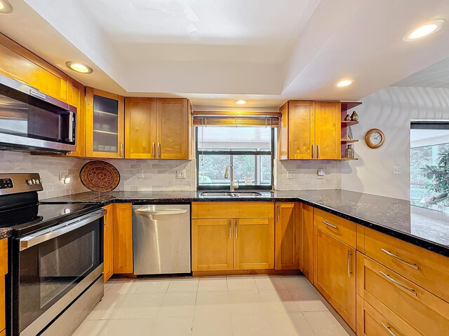 kitchen with decorative backsplash, stainless steel appliances, a tray ceiling, sink, and dark stone countertops