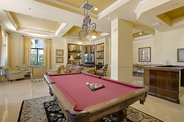 rec room featuring coffered ceiling, billiards, a tray ceiling, and light tile patterned flooring