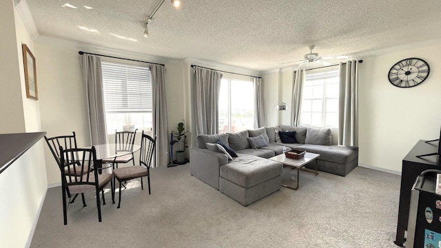 living room with light carpet, track lighting, a textured ceiling, and ceiling fan