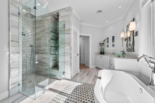 bathroom featuring crown molding, tile floors, vanity, and independent shower and bath