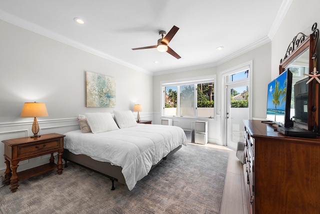 bedroom with ornamental molding, ceiling fan, and access to outside