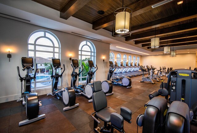 gym featuring wood ceiling