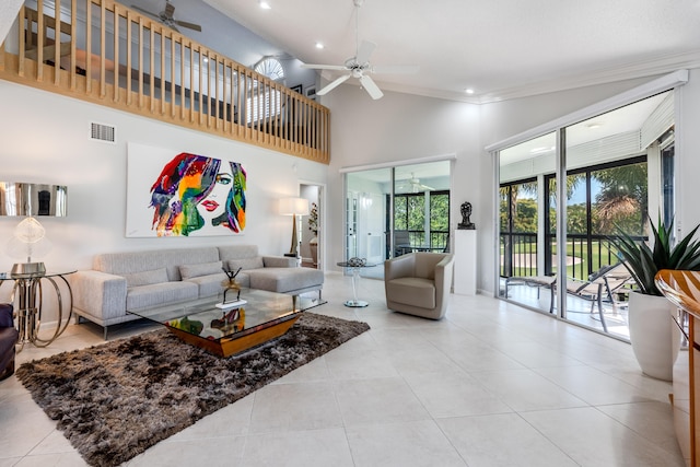 tiled living room featuring high vaulted ceiling, ceiling fan, and crown molding