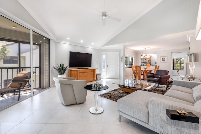 tiled living room featuring ceiling fan with notable chandelier, high vaulted ceiling, and crown molding