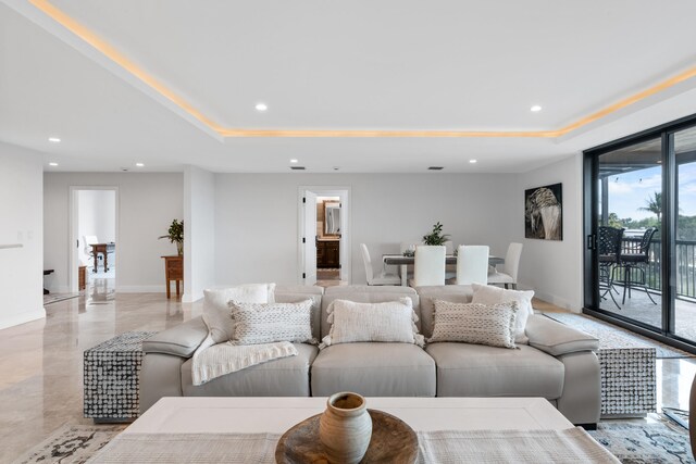 living room featuring a raised ceiling