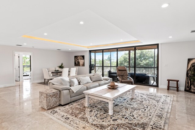 living room featuring a raised ceiling