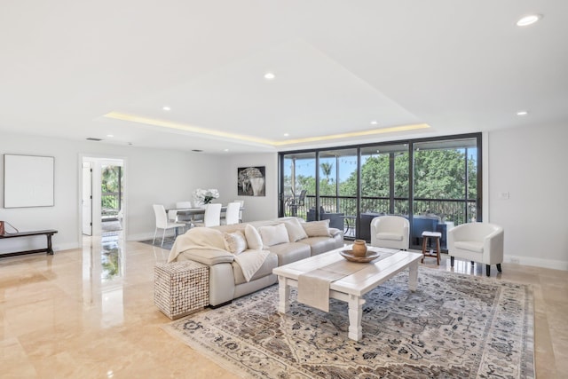 living room with plenty of natural light and a raised ceiling