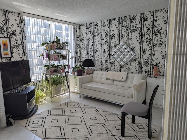 tiled living room with a textured ceiling