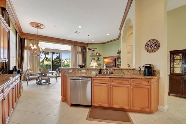 kitchen featuring ornamental molding, decorative light fixtures, dishwasher, light stone counters, and sink