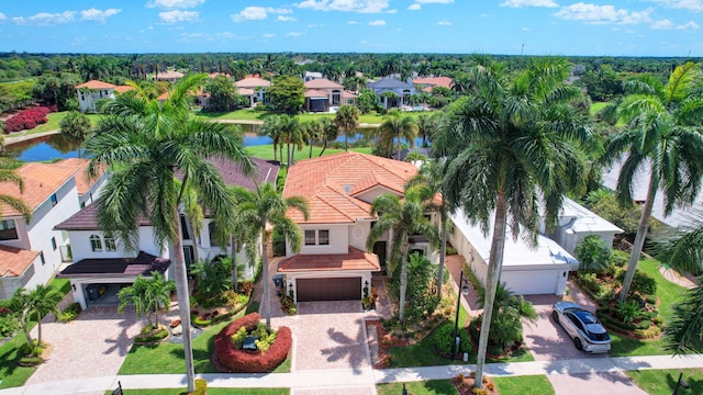 aerial view featuring a water view