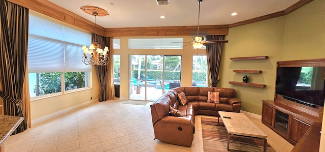 living room with ceiling fan with notable chandelier, light tile patterned floors, and ornamental molding