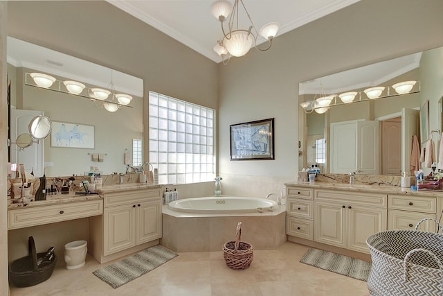 bathroom with a relaxing tiled tub, an inviting chandelier, ornamental molding, and vanity