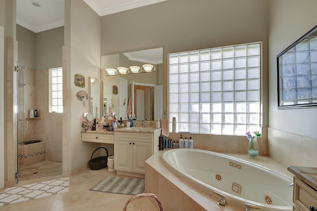 bathroom with crown molding, vanity, separate shower and tub, and tile patterned flooring