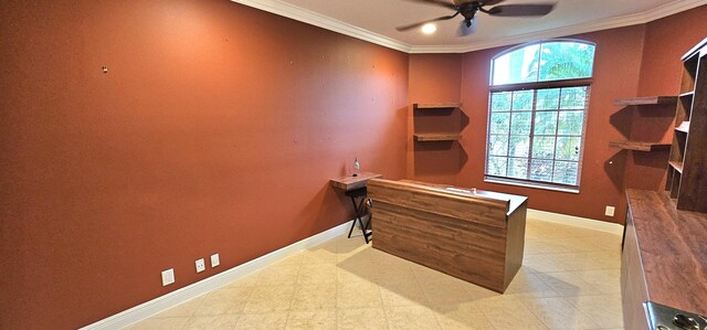 home office featuring ornamental molding, a wealth of natural light, and ceiling fan