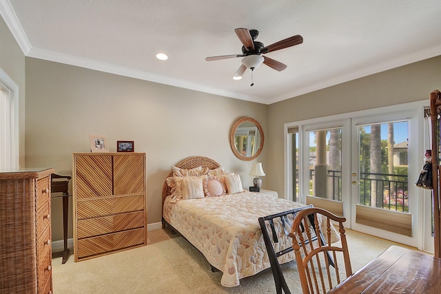 carpeted bedroom with ceiling fan, ornamental molding, and access to outside