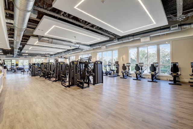 workout area featuring hardwood / wood-style floors