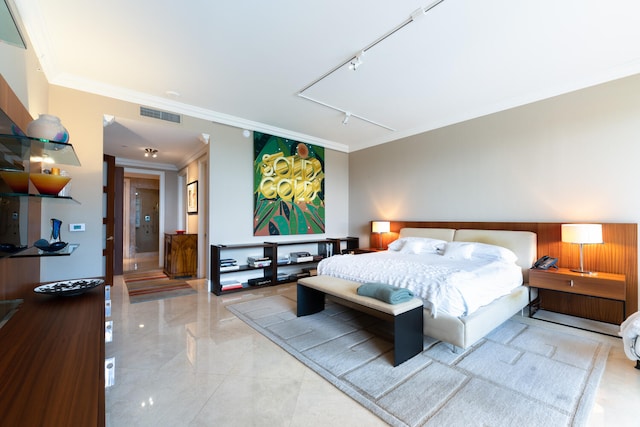 tiled bedroom featuring rail lighting and ornamental molding