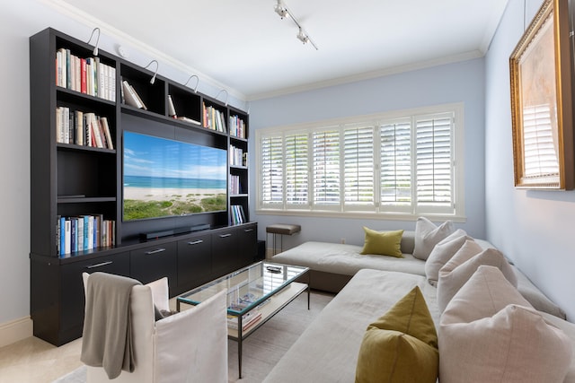 living room with light colored carpet, track lighting, and ornamental molding