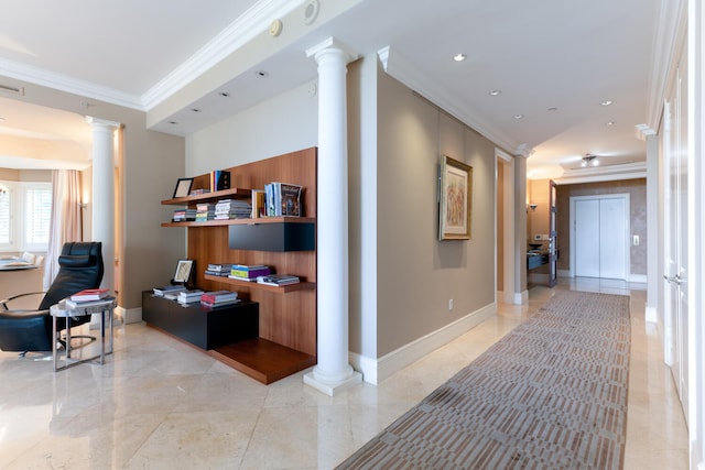 corridor featuring ornamental molding, decorative columns, and light tile floors