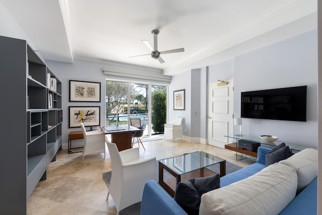 living room featuring ornamental molding, ceiling fan, and light tile floors