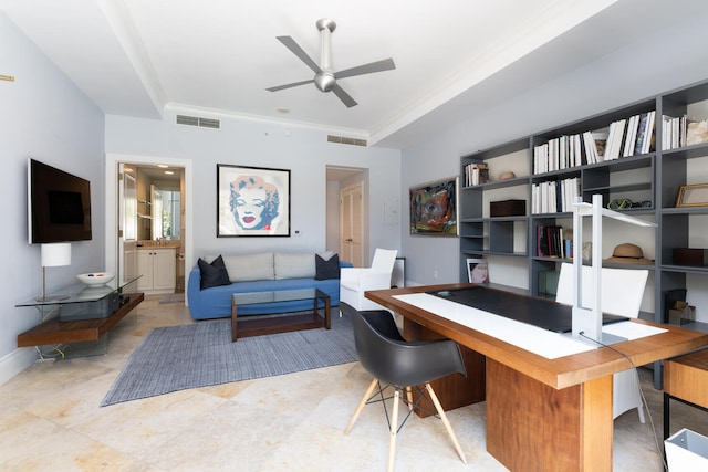 tiled office space with ornamental molding and ceiling fan