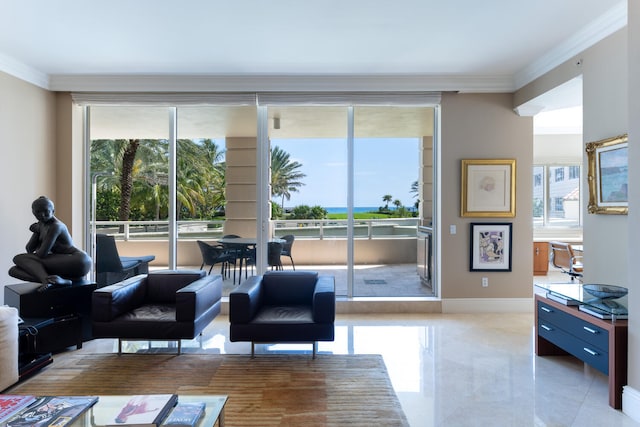 living room with plenty of natural light, light tile flooring, and ornamental molding