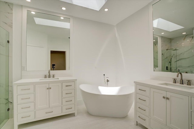 bathroom featuring a skylight, tile floors, double vanity, and shower with separate bathtub