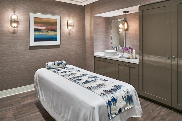 bedroom with sink and dark hardwood / wood-style flooring