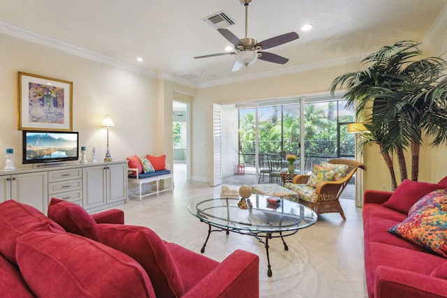 living room featuring ceiling fan and crown molding