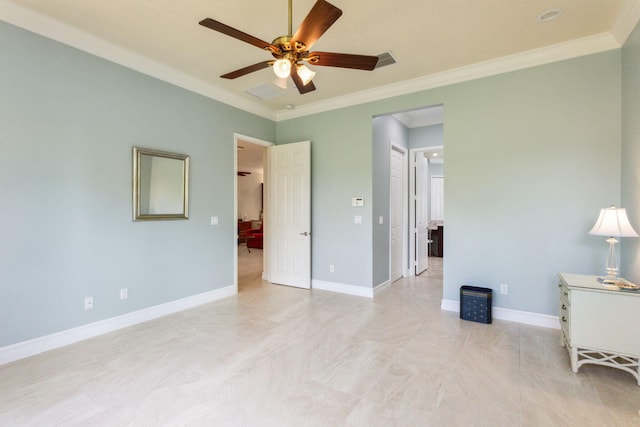 unfurnished bedroom with ceiling fan and crown molding