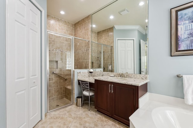 bathroom with shower with separate bathtub, vanity, and ornamental molding