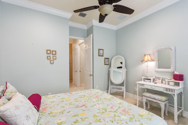 bedroom featuring ceiling fan and crown molding