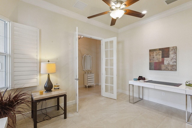 home office with ceiling fan, french doors, and ornamental molding