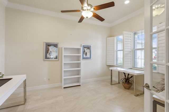 home office featuring ceiling fan and ornamental molding