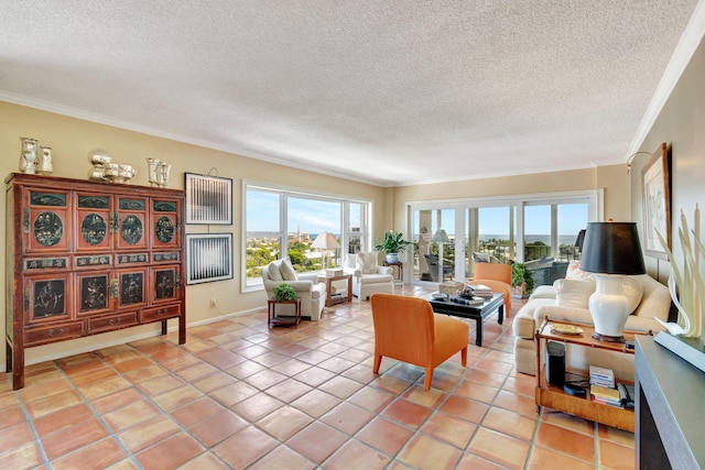 tiled living room featuring a textured ceiling and ornamental molding