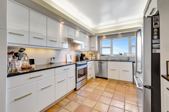 kitchen featuring light tile patterned floors, white cabinetry, sink, and appliances with stainless steel finishes