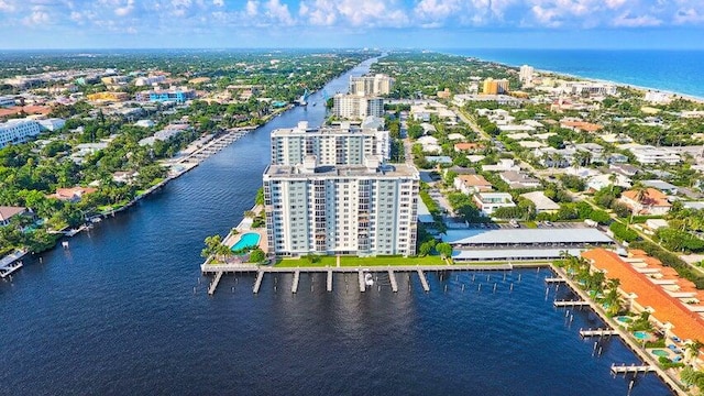 aerial view featuring a water view