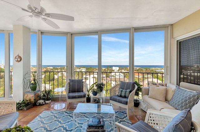 sunroom with a water view