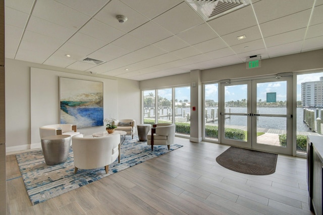 building lobby with a water view