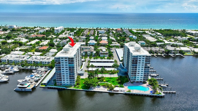 bird's eye view with a water view