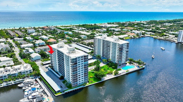 drone / aerial view featuring a water view