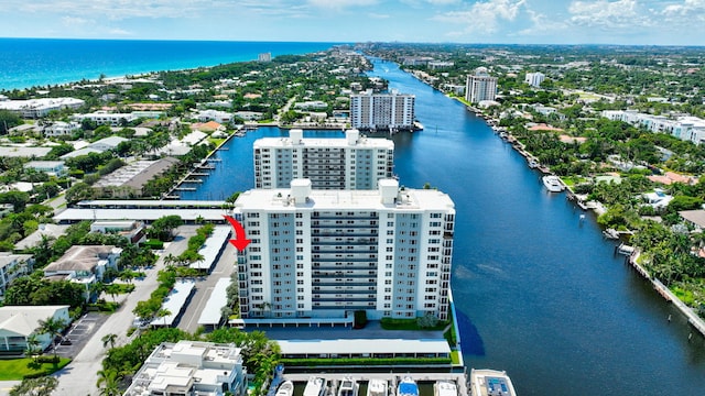 drone / aerial view featuring a water view