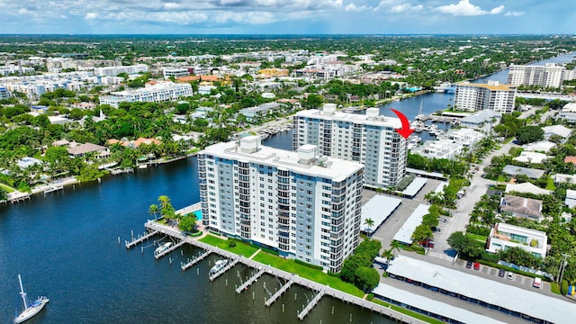 drone / aerial view featuring a water view