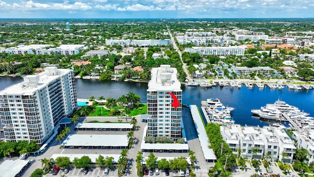 bird's eye view with a water view