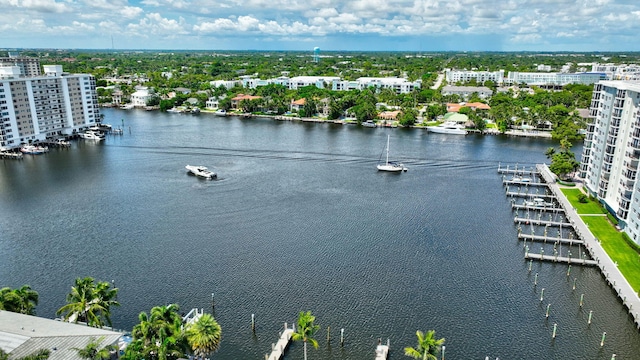 drone / aerial view featuring a water view