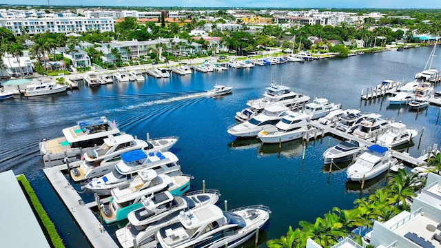 bird's eye view with a water view