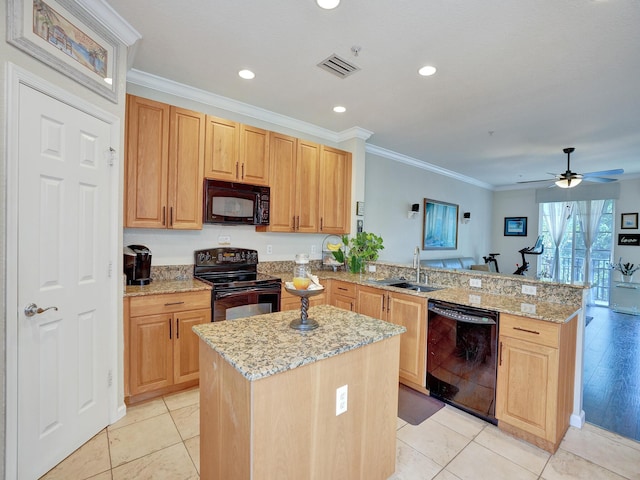 kitchen with sink, kitchen peninsula, a kitchen island, black appliances, and ornamental molding