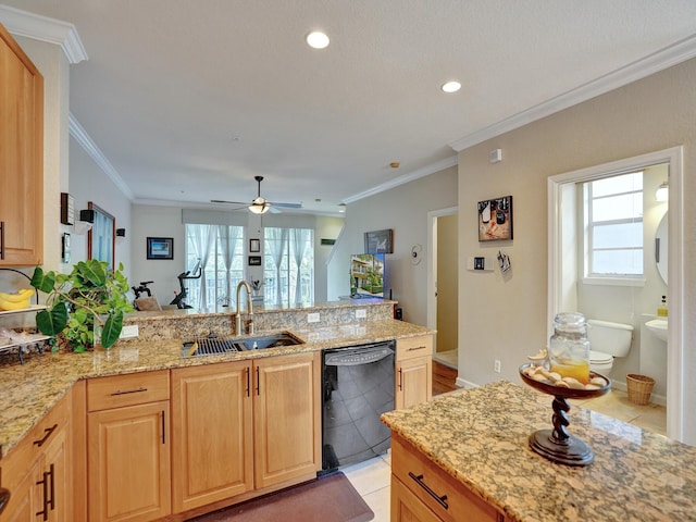 kitchen with ceiling fan, dishwasher, ornamental molding, and sink